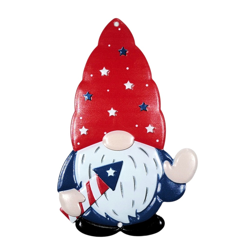Patriotic Gnome Metal Craft Embellishment 4th of July Red White Blue Wreath Sign